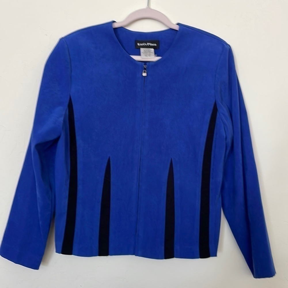 cobalt blue & black suede like spandex jacket zip up vintage Kari’s Place 90s